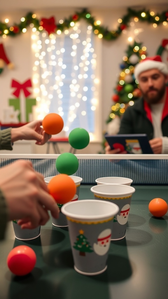 Players enjoying Christmas games with ping pong balls and festive decorations.
